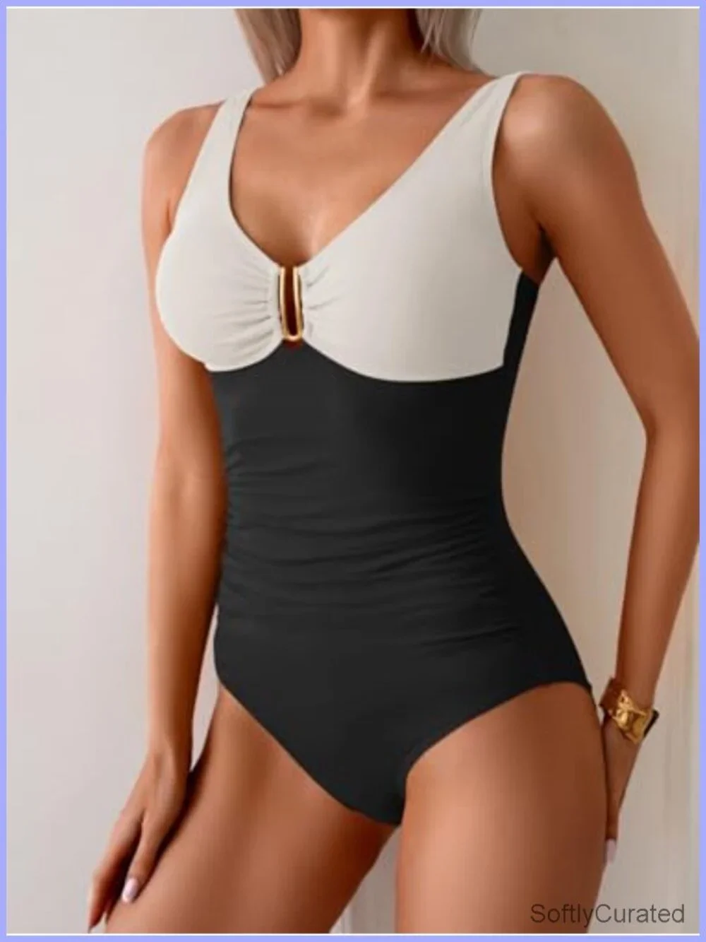 Tummy Control Ruched One Piece Swimsuit V Neck Push Up Bathing Suit
